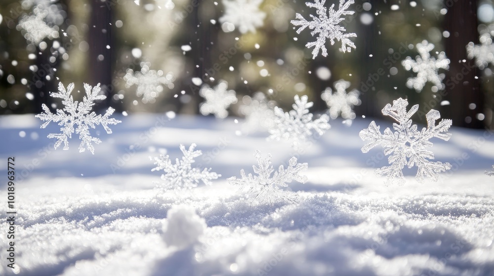 Naklejka premium A serene winter scene featuring falling snowflakes over a blanket of fresh snow, capturing the beauty of a snowy landscape.