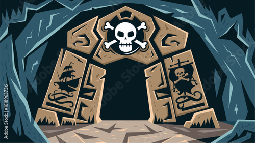 Stylized pirate tomb entrance with skull and crossbones motif.