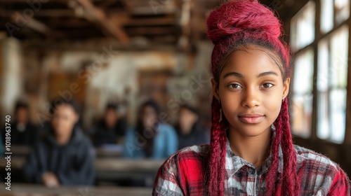 A confident young African American student with red braided hair in an old classroom with students in the background during class for advancing education and knowledge