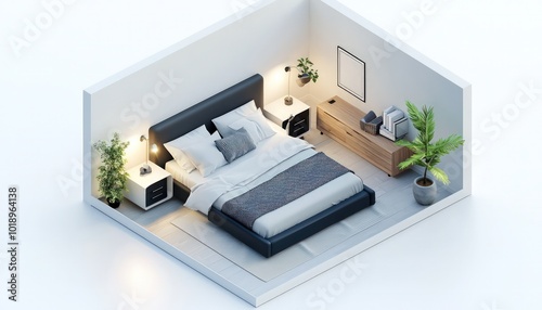 Isometric 3D render a guest bedroom with a double bed and nightstands, floor plan presentation on a white background.
