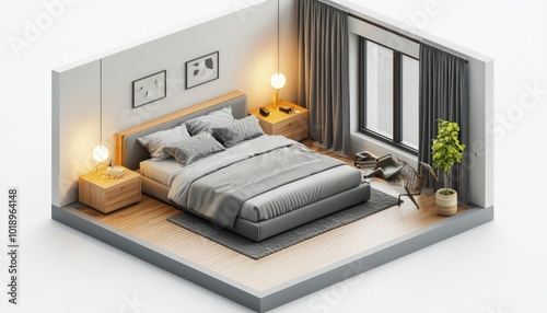 Isometric 3D render a guest bedroom with a double bed and nightstands, floor plan presentation on a white background.