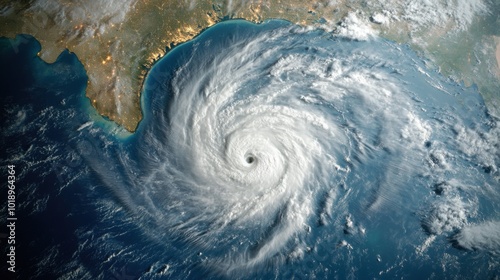 Aerial View of Hurricane Milton Approaching Coastline with Visible Eye and Spiraling Clouds - Background or Banner Design photo