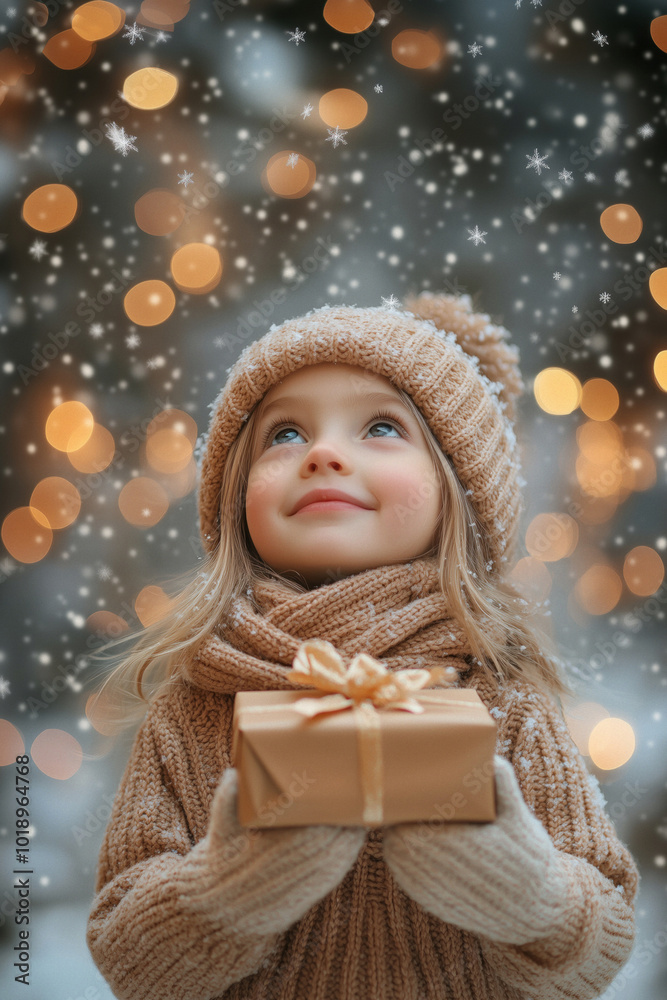 Little happy girl with christmas presents in her hands, looking up, christmas lights and snowfall in the background, big editable space. Little happy girl with christmas presents in her hands, looking up, christmas lights and snowfall in the background, big editable space.