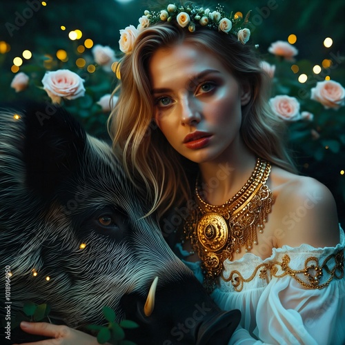 Freya, the Norse goddess of love and war, next to a resting wild boar in a mystical forest. Adorned with the golden necklace Brísingamen and roses. Generative AI photo