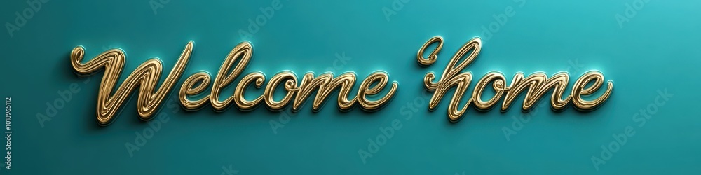 Elegant gold 'Welcome Home' sign on a teal background conveying warmth and hospitality. Elegant gold 'Welcome Home' sign on a teal background conveying warmth and hospitality.