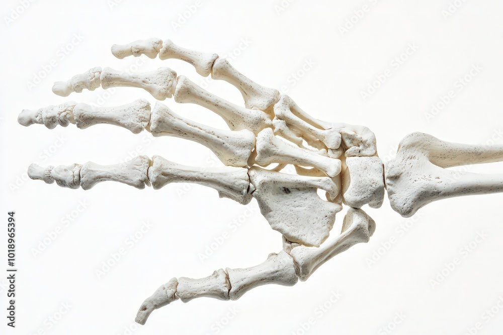 Fototapeta premium A human hand skeleton, meticulously detailed, isolated against a stark white background, highlighting its anatomical structure.