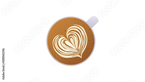 Heart pattern latte art vector illustration. Hot latte coffee in ceramic cup. top view. 
