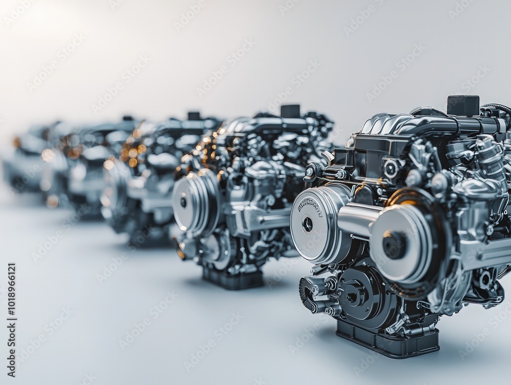 Fototapeta premium A lineup modern car engines, displayed on a clean white background, emphasizing technological innovation.
