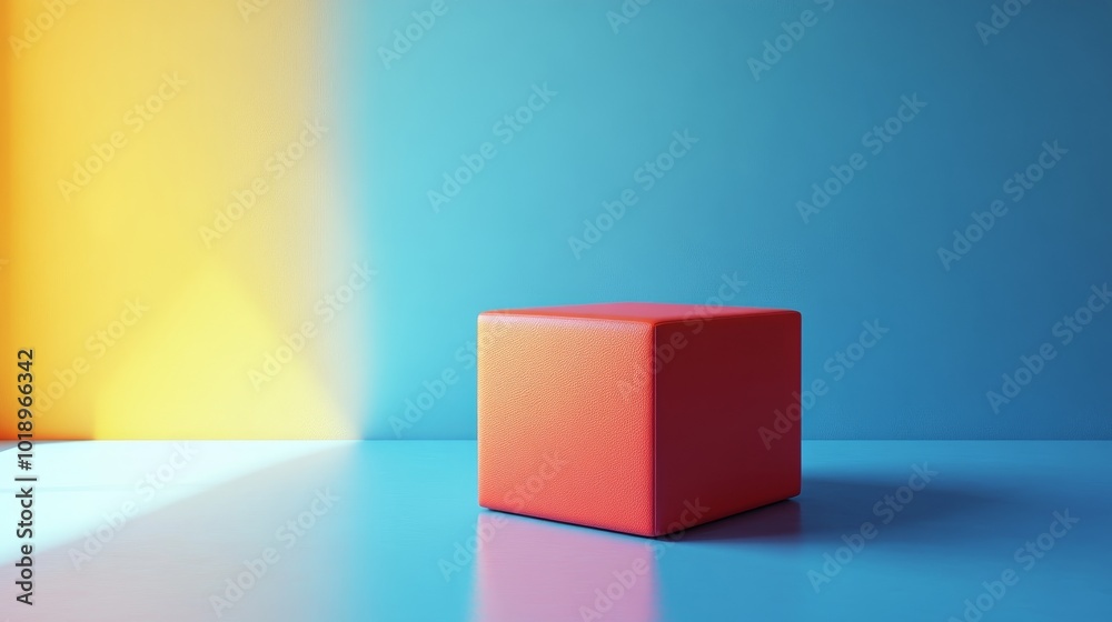 Obraz premium A red cube is sitting on a blue surface