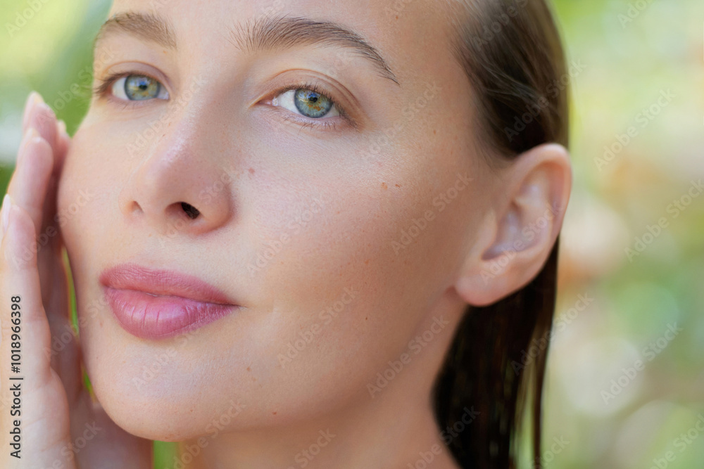 Beauty portrait of a young woman with a clean, glowing nourishing skin is posing against green background outdoor. Organic skincare and dermatology care Beauty portrait of a young woman with a clean, glowing nourishing skin is posing against green background outdoor. Organic skincare and dermatology care