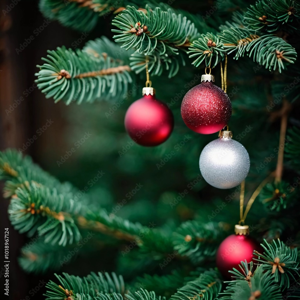 Sparkling ornament balls in vibrant red and white hang from a lush spruce tree branch. Soft, warm lights twinkle enhancing festive spirit of Christmas. Happy New Year. Anamorphic bokeh. Generative AI Sparkling ornament balls in vibrant red and white hang from a lush spruce tree branch. Soft, warm lights twinkle enhancing festive spirit of Christmas. Happy New Year. Anamorphic bokeh. Generative AI
