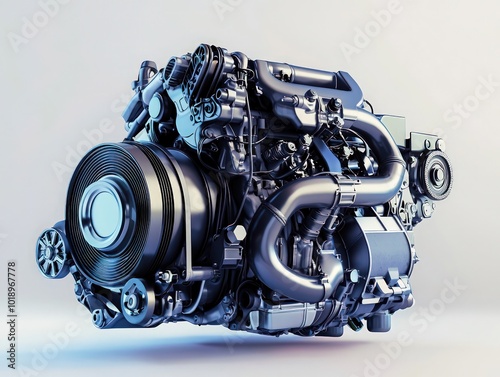 A modern engine, isolated on a bright white background, highlighting advanced automotive engineering.