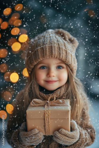 Little happy girl with christmas presents in her hands, christmas lights and snowfall in the background.