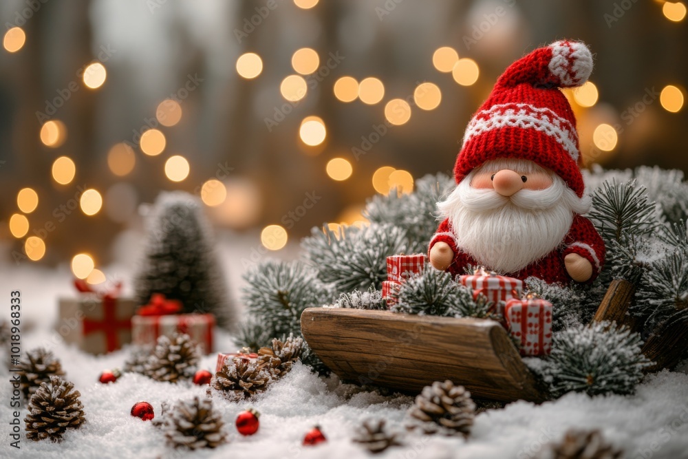 Christmas greeting card. Christmas decoration with Santa Claus toy and gift box on bokeh background. Christmas background. Christmas greeting card. Christmas decoration with Santa Claus toy and gift box on bokeh background. Christmas background.