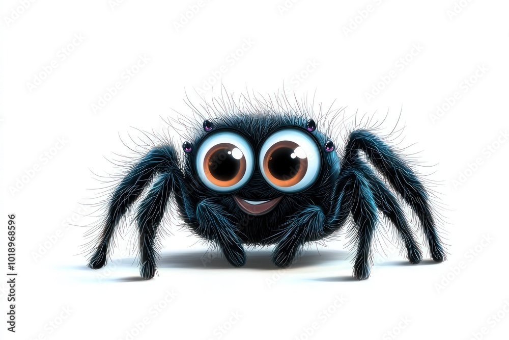 A playful cartoon spider, with big eyes and a friendly smile, adds whimsy in a perfect for Halloween decorations, isolated on a white background.