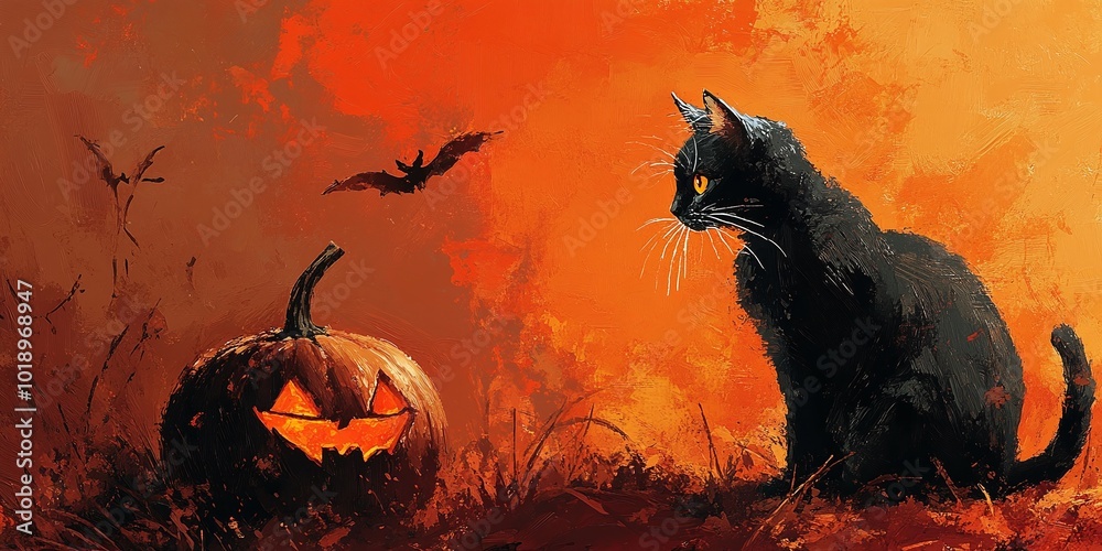 spooky halloween greeting card with a cat and pumpkin on an orange background, perfect for autumn celebrations, decorated with stock technology for a festive feel spooky halloween greeting card with a cat and pumpkin on an orange background, perfect for autumn celebrations, decorated with stock technology for a festive feel