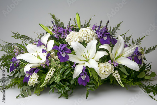 Sympathy Bouquet with White and Purple Flowers: A serene bouquet of white lilies, purple irises, and greenery, designed for sympathy or memorial services, conveying elegance and compassion