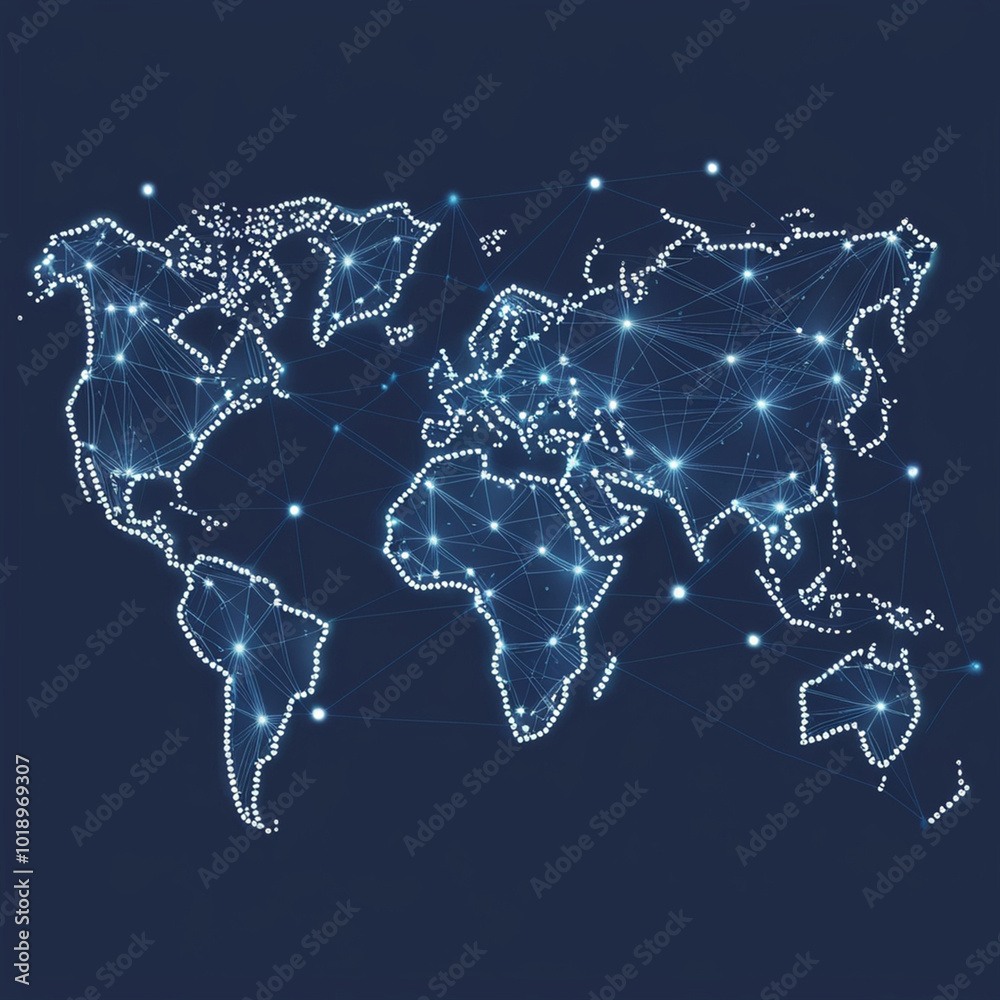 Naklejka premium Digital Illustration of World Map With Dark Blue Background - Abstract World Map Concept of Global Network and Connectivity International Data Transfer and Cyber Technology.