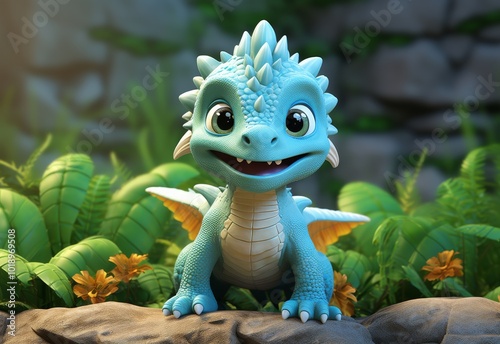 Cute blue dragon character in a lush green environment