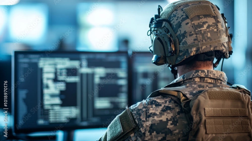 Soldier Analyzing Data at Computer Station Soldier Analyzing Data at Computer Station
