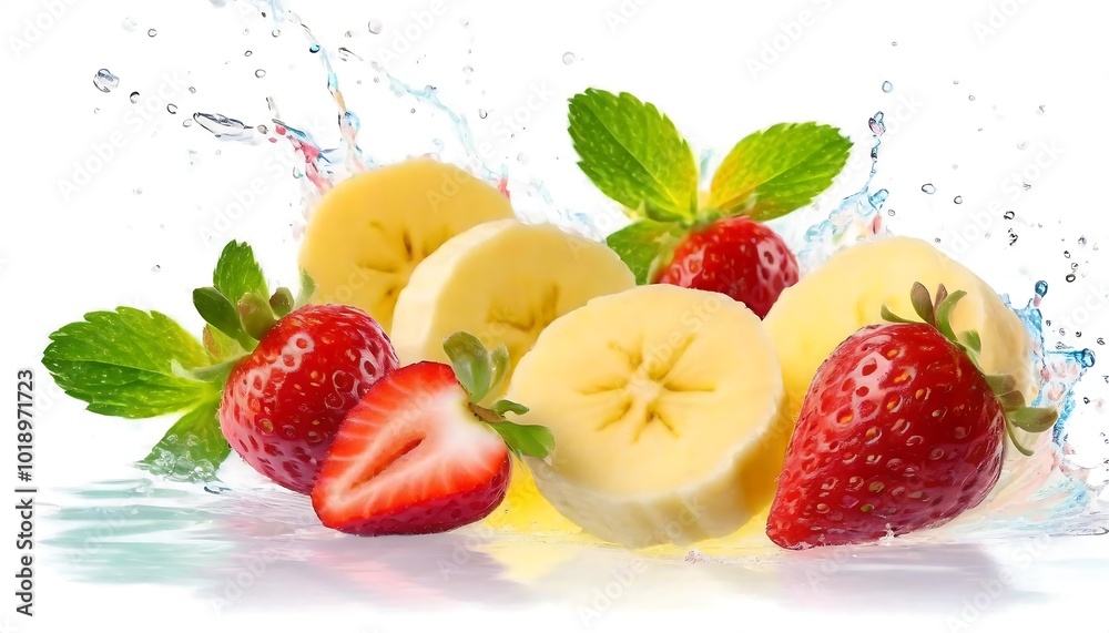 Isolated banana and strawberry on white background with selective focus, showcasing the vibrant colors and textures of fresh fruit. Ideal for healthy eating,nutrition,food content and advertisements. Isolated banana and strawberry on white background with selective focus, showcasing the vibrant colors and textures of fresh fruit. Ideal for healthy eating,nutrition,food content and advertisements.