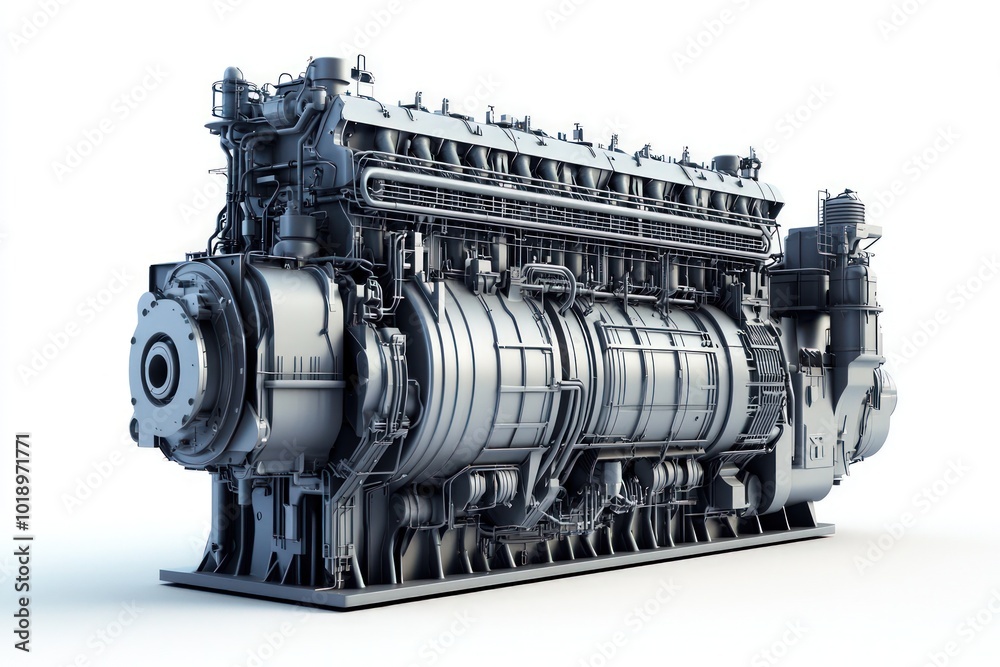 A ship engine, isolated on a clean white background, showcasing its large-scale industrial design. A ship engine, isolated on a clean white background, showcasing its large-scale industrial design.