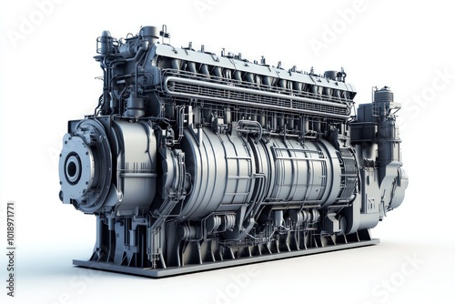 A ship engine, isolated on a clean white background, showcasing its large-scale industrial design.