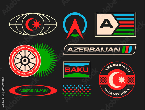 Set streetwear auto racing logo ideas for a clothing brand. Design vector typography for decals auto and t-shirt Azerbaijan streetwear clothing y2k style.