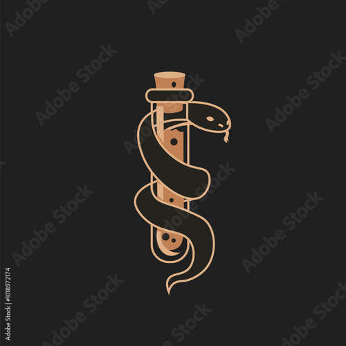 Halloween concept spooky vector illustration, cartoon potion glass corked bottle with snake, magical elements collection, autumn holiday party decoration, spooky witchy apothecary jars