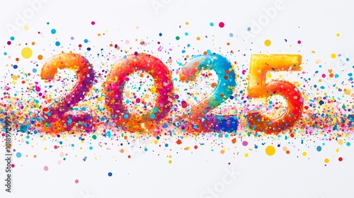 A vibrant representation of the year 2025, decorated with colorful confetti and dots, symbolizing celebration and joy.