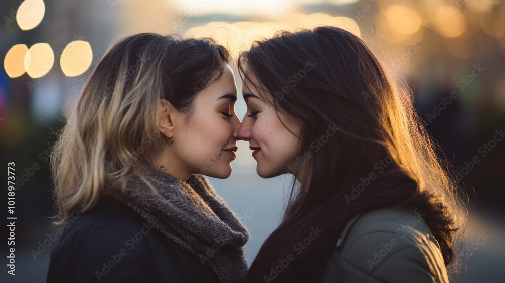 Intimate moment between two women in a city during sunset Intimate moment between two women in a city during sunset