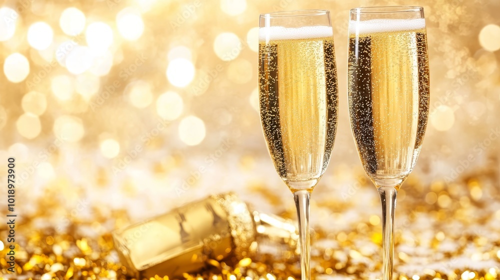 Two champagne flutes filled with bubbly drink, surrounded by golden decorations, creating a festive atmosphere. Two champagne flutes filled with bubbly drink, surrounded by golden decorations, creating a festive atmosphere.
