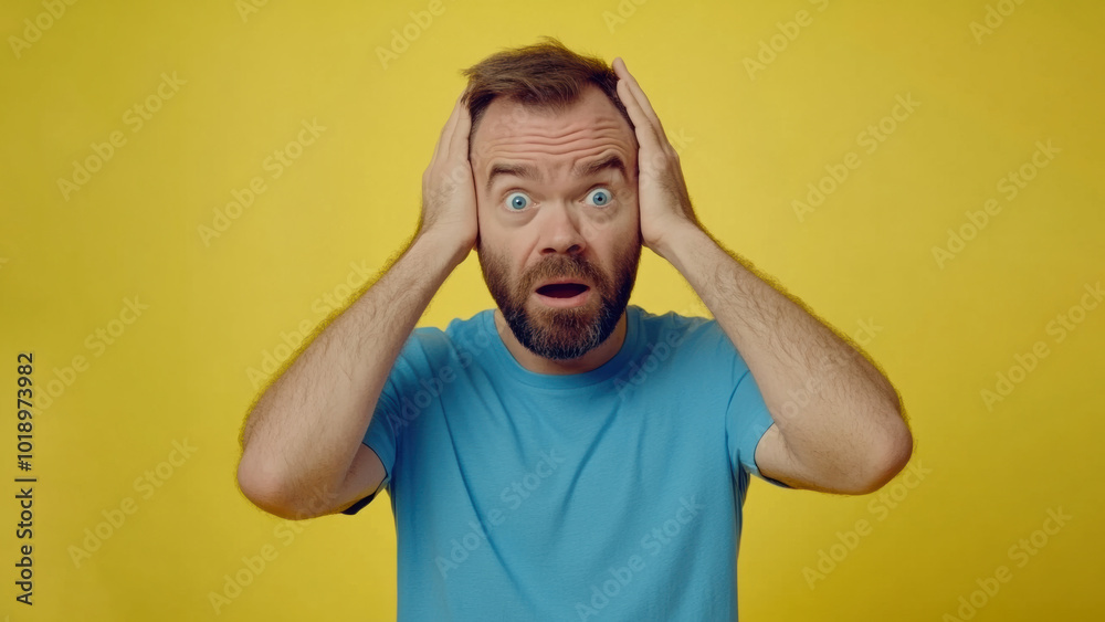 Bearded man in disbelief against yellow background