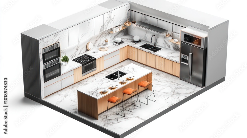 Luxury kitchen Isometric 3D Render featuring marble countertops, high-end appliances, and custom cabinetry, laid out in a floor plan on an isolated white background. Luxury kitchen Isometric 3D Render featuring marble countertops, high-end appliances, and custom cabinetry, laid out in a floor plan on an isolated white background.