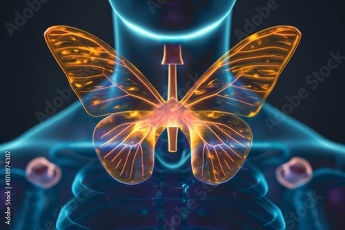 A butterfly-shaped thyroid gland highlighted in a human body illustration