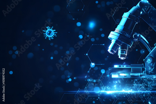Blue background design with hexagons and glowing blue spheres design, lines connecting medical equipment like microscopes, test tubes on the right side of the composition design