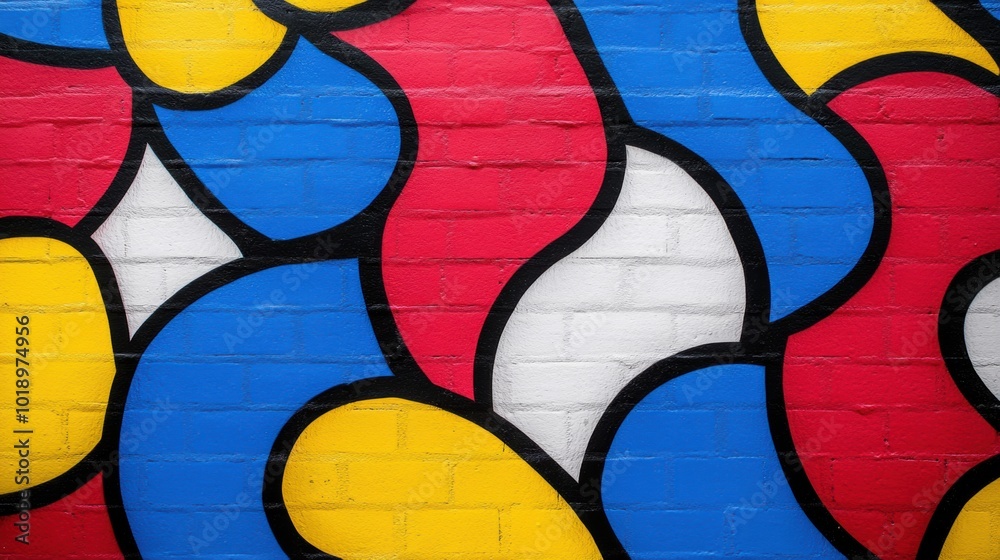 Fototapeta premium A colorful abstract painting on a brick wall with red, blue and yellow, AI