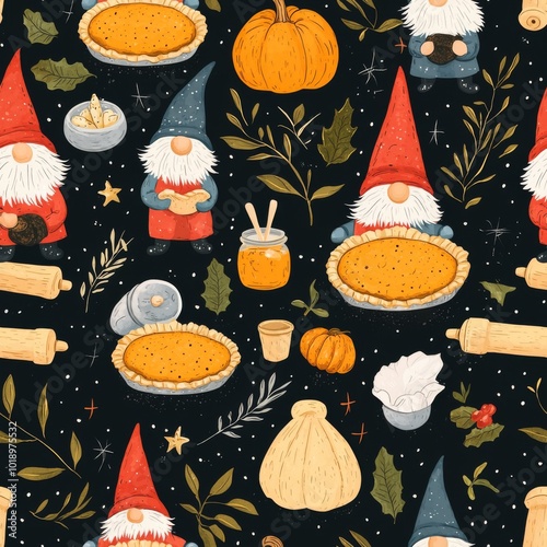 Gnomes in Thanksgiving Seamless Pattern Design