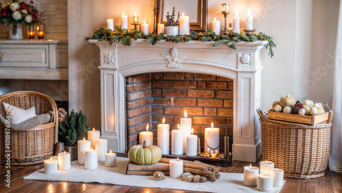Fireplace with candles and rustic decor in cozy home setting for peaceful relaxation