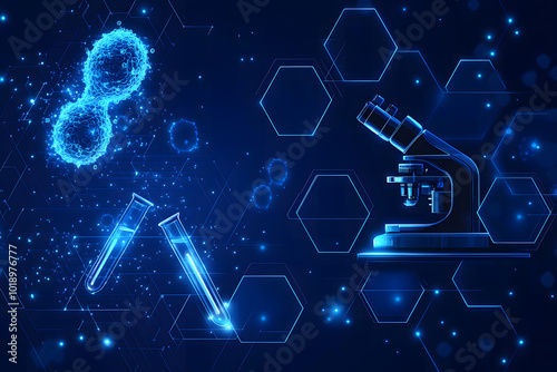 Blue background design with hexagons and glowing blue spheres design, lines connecting medical equipment like microscopes, test tubes on the right side of the composition design