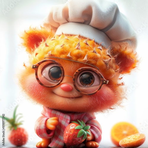 Cute cartoon character cooking with fruits in a cozy kitchen