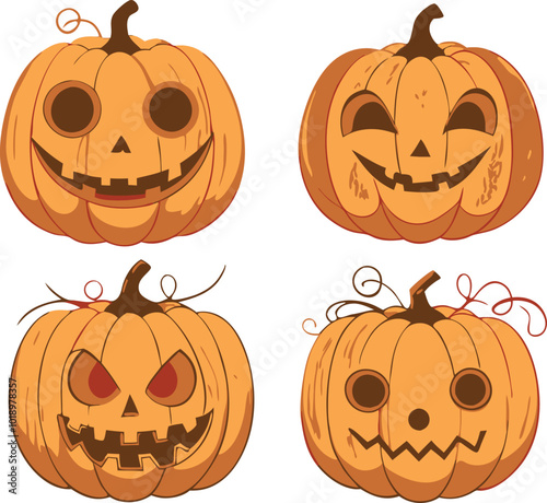 Four Carved Pumpkins With Different Facial Expressions photo