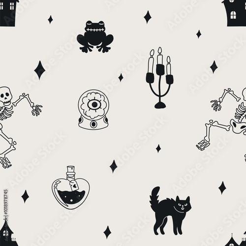 Halloween concept spooky vector illustration pattern, magical elements collection, autumn holiday party decoration, spooky witchy apothecary jars, skeleton, horror house, candle, frog and cat