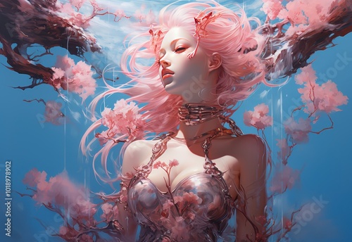A serene woman entwined with cherry blossoms in springtime
