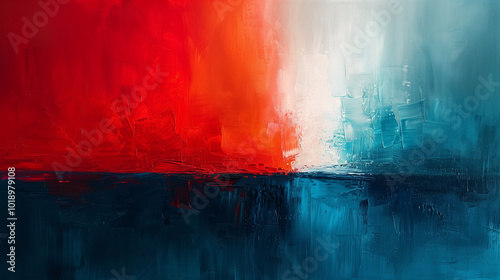 Abstract textured painting with bold red, white, and blue brush strokes blending dynamically