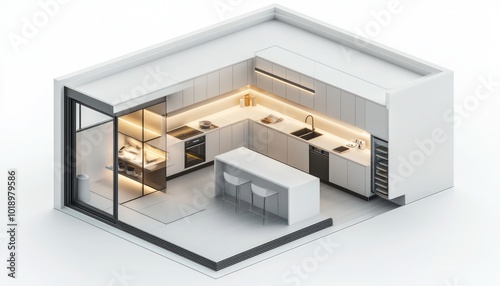 Minimalist kitchen Isometric 3D render showcasing handleless cabinets, sleek countertops, and integrated appliances, presented in a floor plan on white.