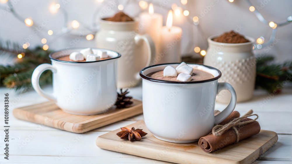 Cozy winter hot chocolate with marshmallows served in ceramic cups with cinnamon sticks on wooden tray