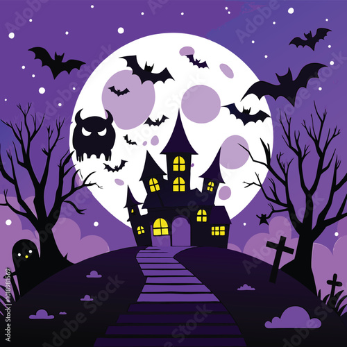 Haunted House Halloween Night Bats Moon