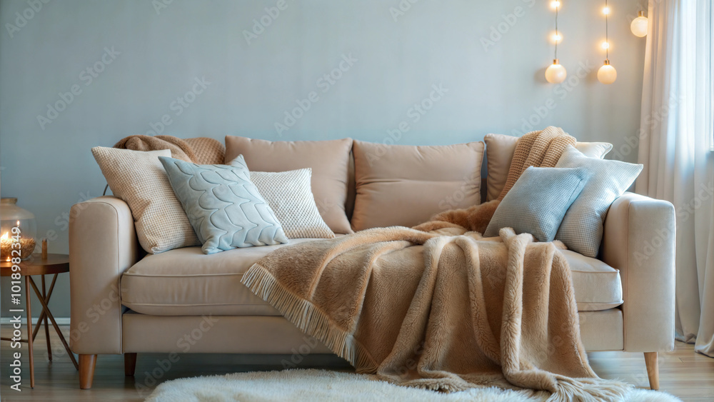 Fototapeta premium Comfortable living room with soft beige sofa, blankets, and decorative pillows in cozy modern design