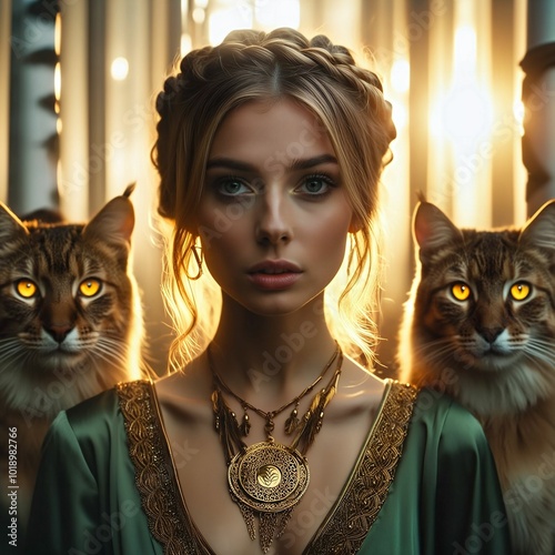 Freya, the Norse goddess of love and war, with two wildcats as companions in a mystical birch forest in golden light. Adorned with the golden necklace Brísingamen and a green soft tunic. Generative AI photo